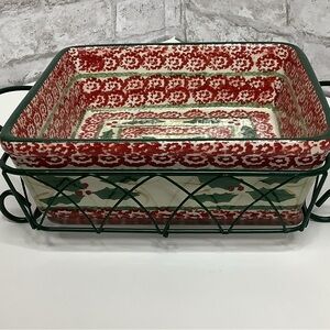 Temptations Peppermint Holly 8.5” Square Baker w/Holding Rack & Trivet Holiday